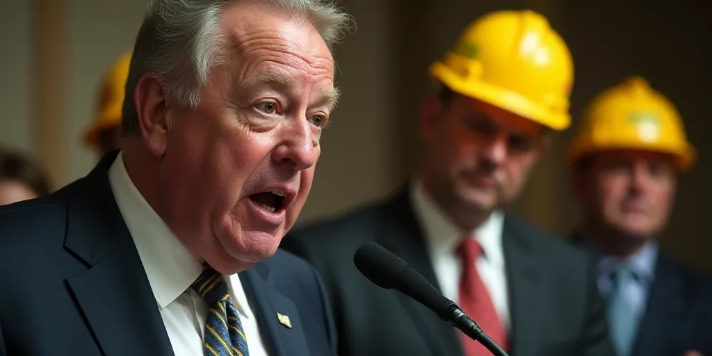 a man in a suit and tie speaking into a microphone with other men in the background wearing hard hat