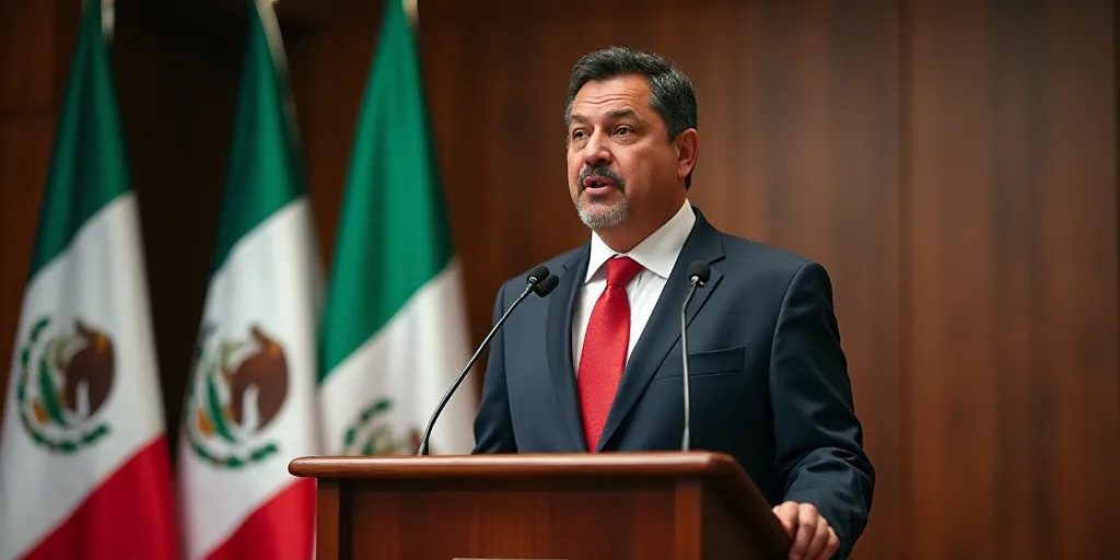 a man in a suit and tie speaking at a podium with flags behind him and a mexican flag behind him, Ed