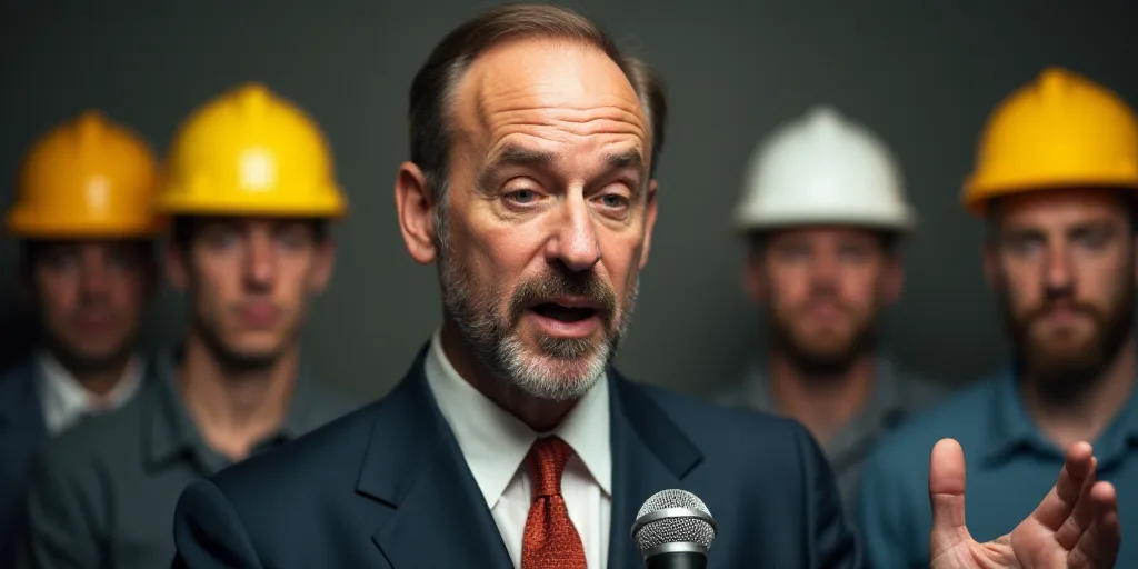 a man in a suit and tie speaking into a microphone with other men in the background wearing hard hat