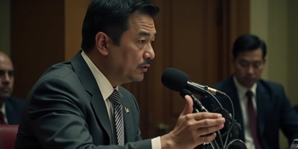 a man in a suit and tie speaking into a microphone with a microphone cord in his hand and a micropho