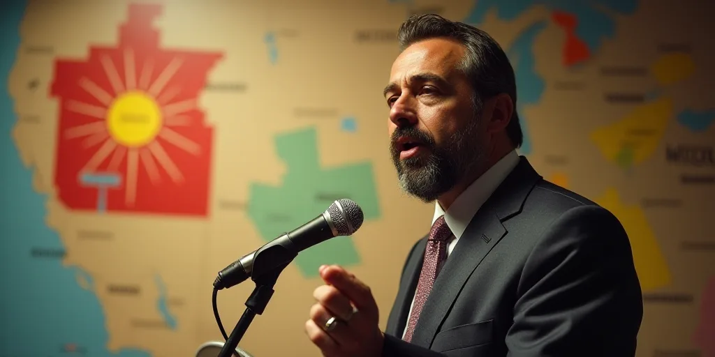 a man in a suit and tie speaking into a microphone in front of a map of the state of colorado, Edi R