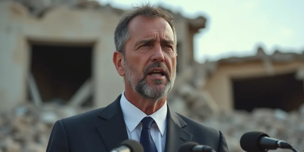 a man in a suit and tie speaking into microphones in front of a destroyed building with a broken roo