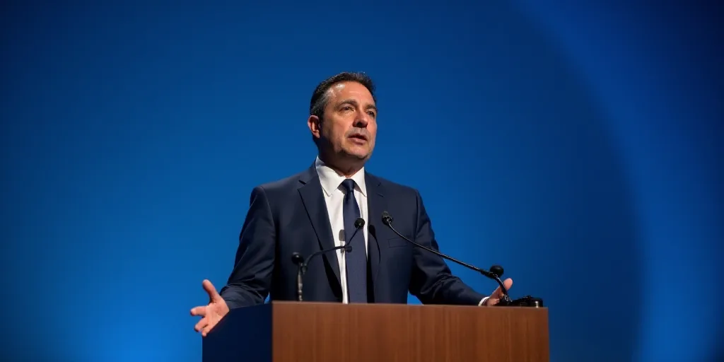 a man in a suit and tie speaking at a podium with a microphone in front of him and a blue background
