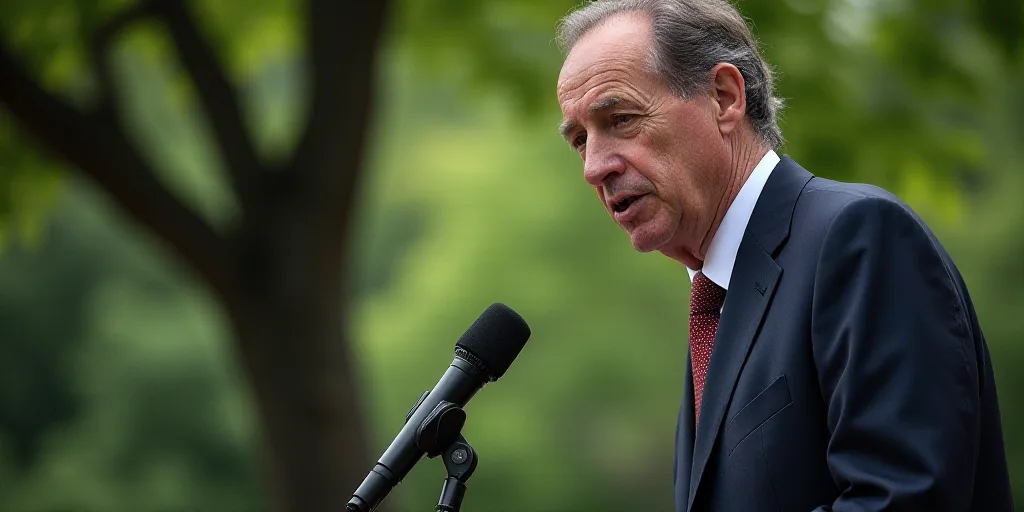 a man in a suit and tie speaking to a microphone and a microphone microphone in front of him and a t