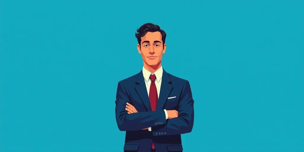 a man in a suit and tie standing with his arms crossed in front of him, with a blue background, Carl