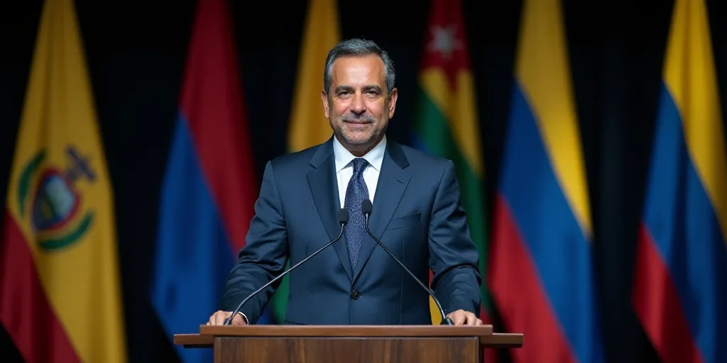 a man in a suit and tie standing at a podium in front of flags and a microphone in front of him, Fed
