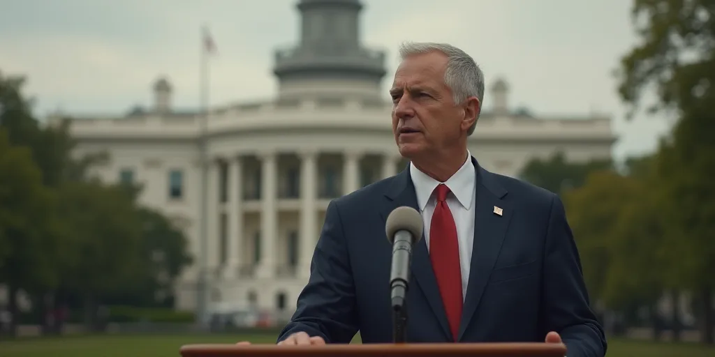 a man in a suit and tie standing at a podium with a microphone in front of him and a building in the