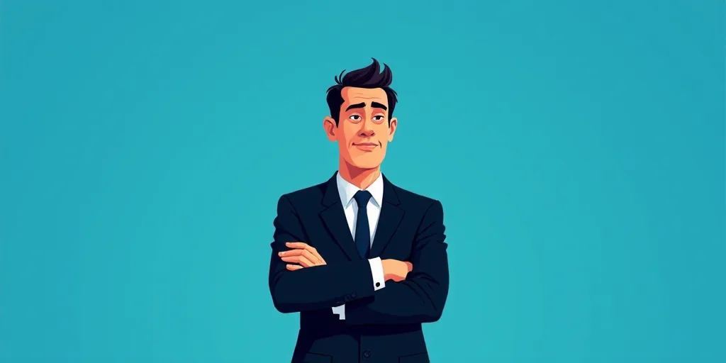 a man in a suit and tie standing with his arms crossed in front of him, with a blue background, Carl