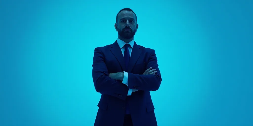 a man in a suit and tie standing with his arms crossed in front of him with a blue background, Estua