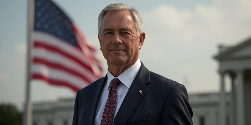 a man in a suit and tie standing in front of a flag and a flag pole in the background, Donald Roller