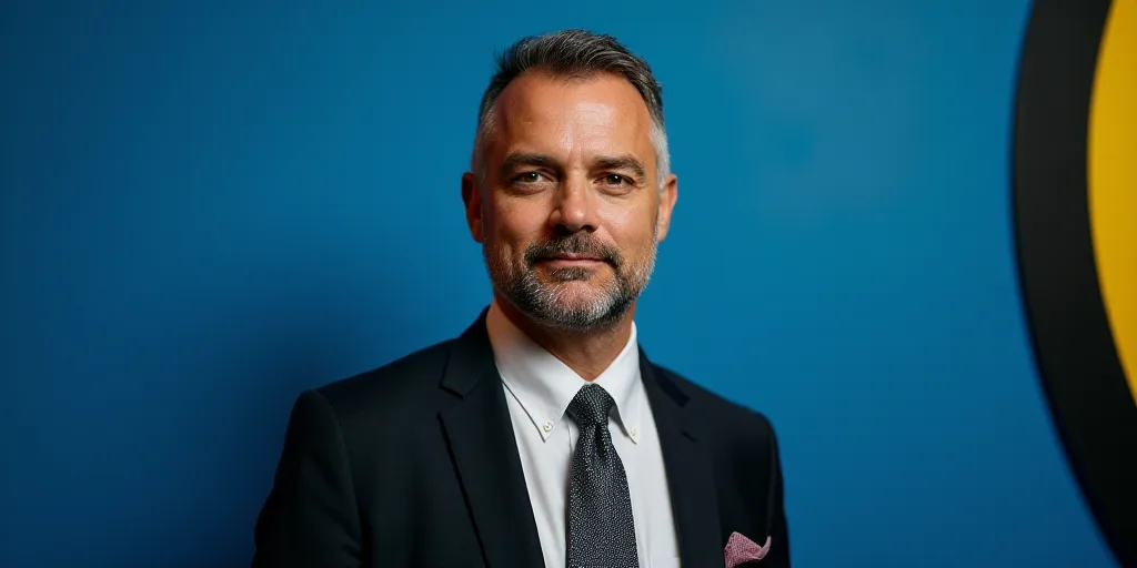 a man in a suit and tie standing in front of a blue background with a black and yellow border, Chris