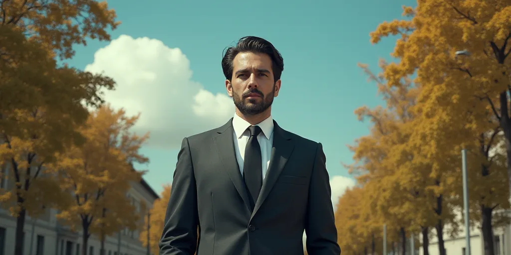 a man in a suit and tie standing in front of trees and a building with a sky background and a blue s