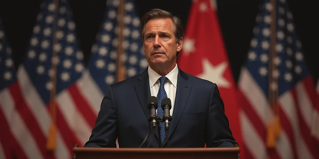 a man in a suit and tie standing in front of a podium with flags behind him and a microphone in fron