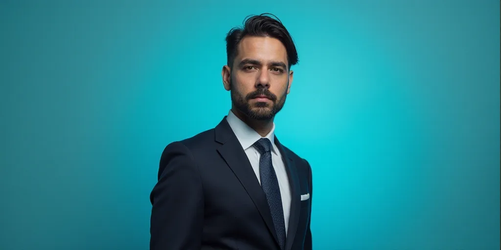 a man in a suit and tie standing in front of a blue background with a black and white photo, Alejand