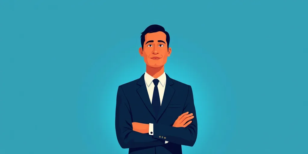 a man in a suit and tie standing with his arms crossed in front of him, with a blue background, Carl