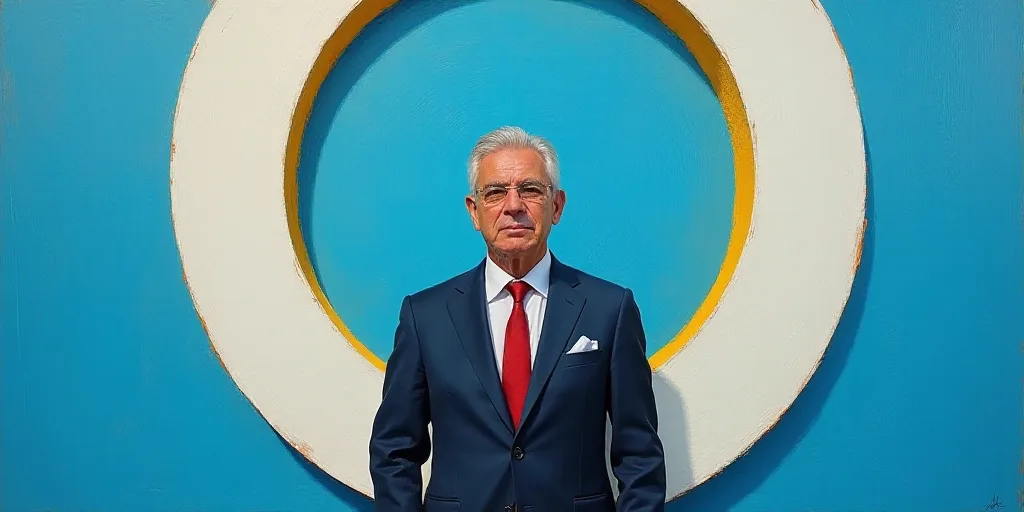 a man in a suit and tie standing in front of a blue background with a white and yellow border, Carlo