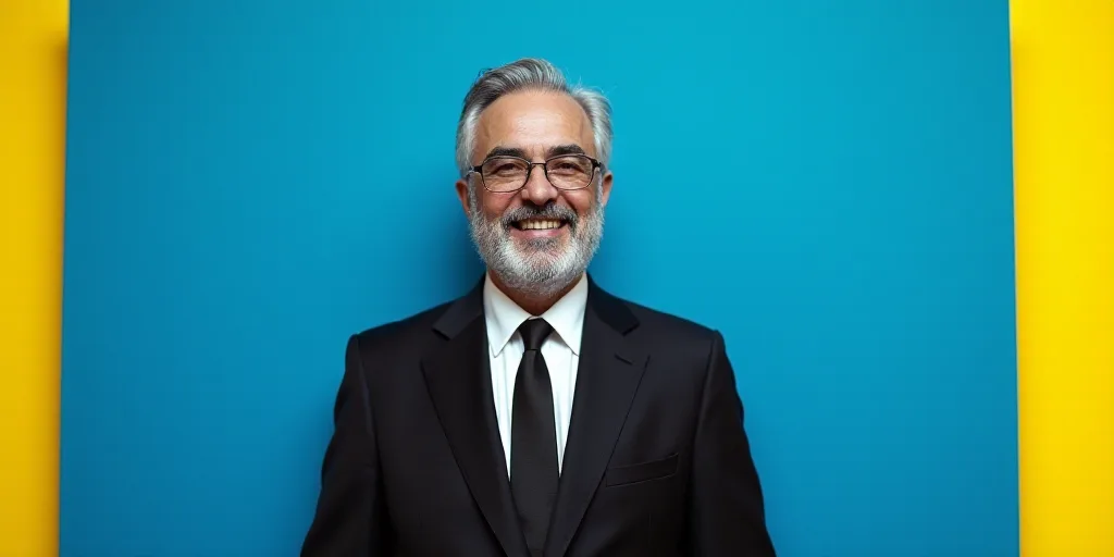 a man in a suit and tie standing in front of a blue background with a yellow border and a black and