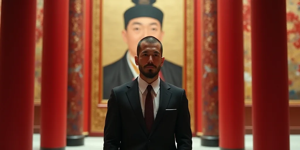 a man in a suit and tie standing in front of red pillars with a picture of a man in the background,