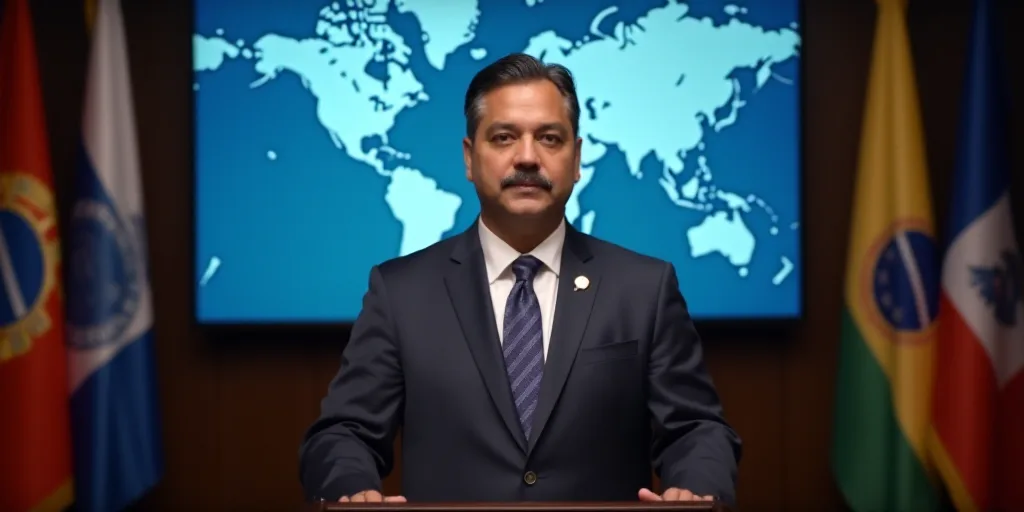 a man in a suit and tie standing at a podium in front of a screen with flags and a map, Estuardo Mal