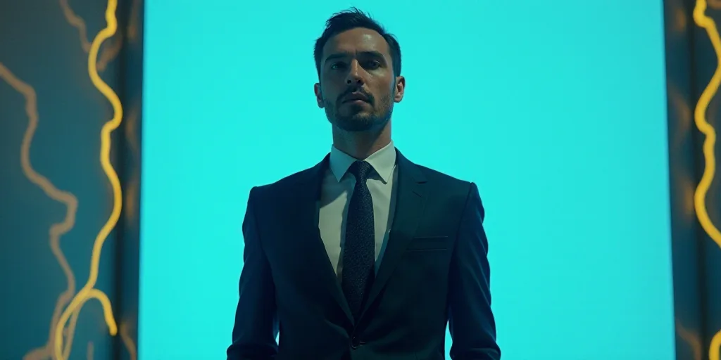 a man in a suit and tie standing in front of a blue background with a black and yellow border, Carlo