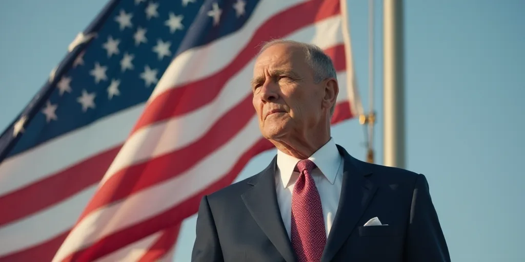 a man in a suit and tie standing in front of a flag and a flag pole in the background, Donald Roller