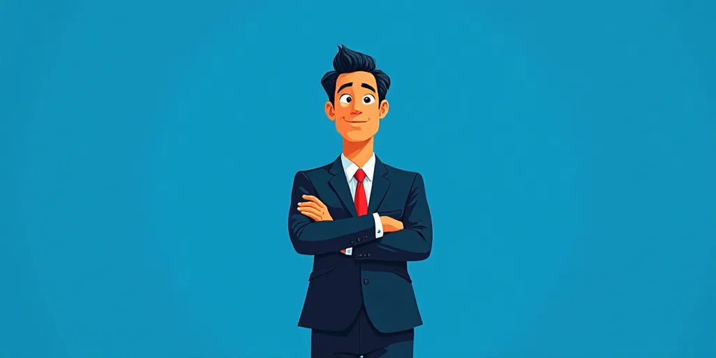 a man in a suit and tie standing with his arms crossed in front of him, with a blue background, Carl