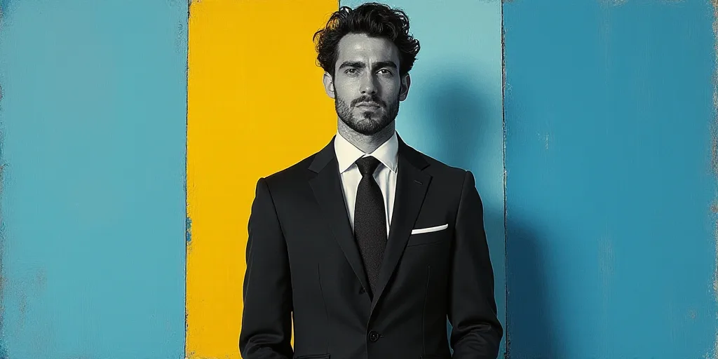 a man in a suit and tie standing in front of a blue background with a yellow border and a black and