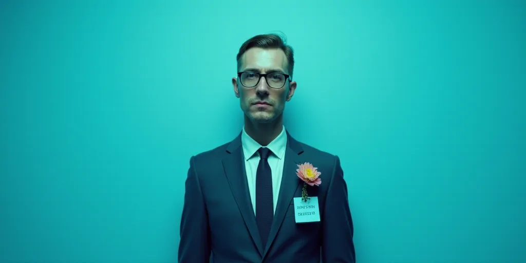 a man in a suit and tie standing in front of a blue background with a name tag for a business, Edwar