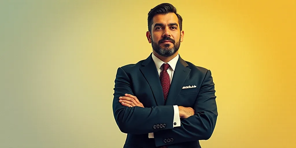 a man in a suit and tie standing with his arms crossed in front of him, with the caption of a photo
