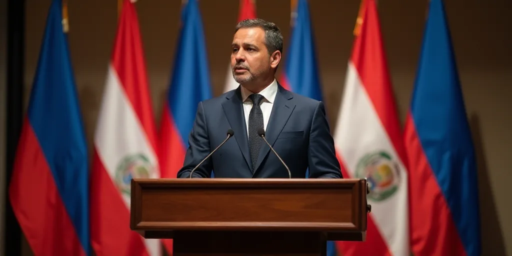 a man in a suit and tie standing at a podium with flags behind him and a microphone in front of him,