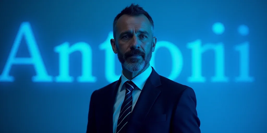 a man in a suit and tie standing in front of a blue background with the words antonio ai showbiz, An