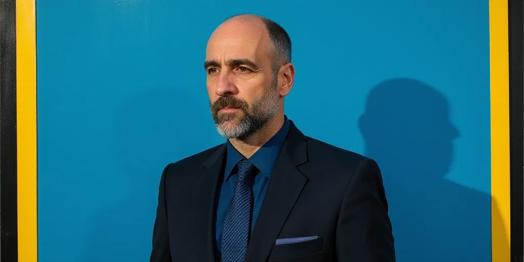 a man in a suit and tie standing in front of a blue background with a black and yellow border, Chris