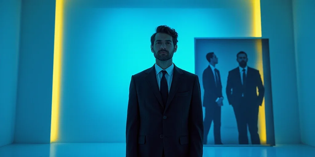 a man in a suit and tie standing in front of a blue background with a yellow border and a black and