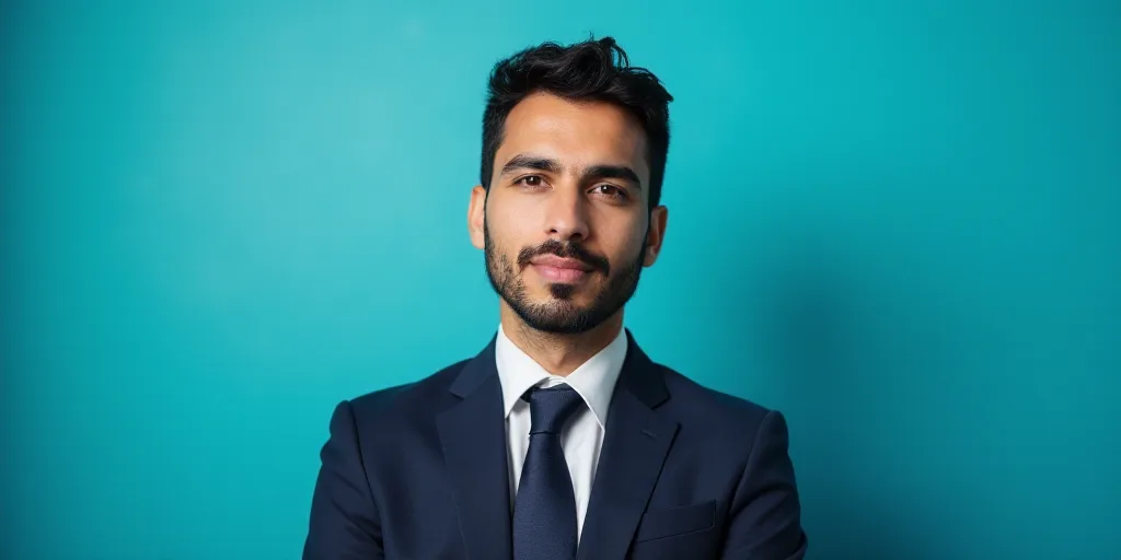 a man in a suit and tie standing in front of a blue background with a black and white photo, Alejand