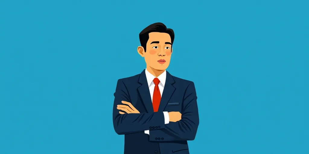 a man in a suit and tie standing with his arms crossed in front of him, with a blue background, Carl