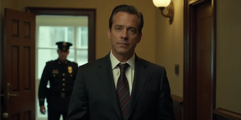 a man in a suit and tie standing in front of a door with a man in uniform in the background, Donald