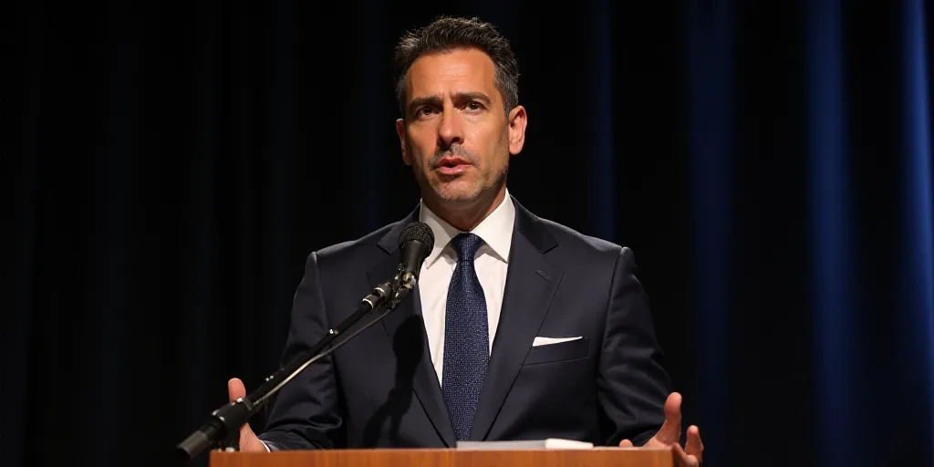 a man in a suit and tie standing at a podium with a microphone in front of him and looking at the ca