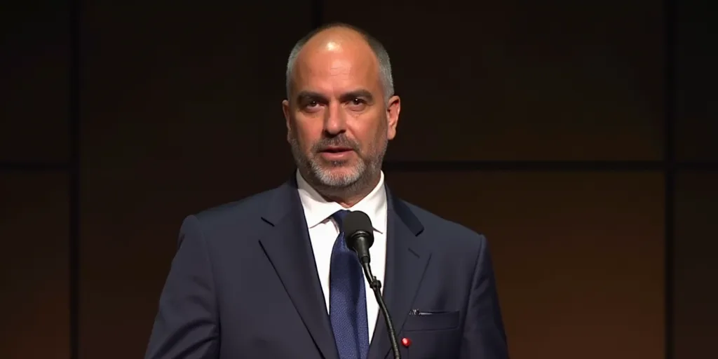 a man in a suit and tie standing at a podium with a microphone in front of him and looking at the ca