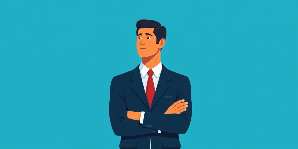 a man in a suit and tie standing with his arms crossed in front of him, with a blue background, Carl