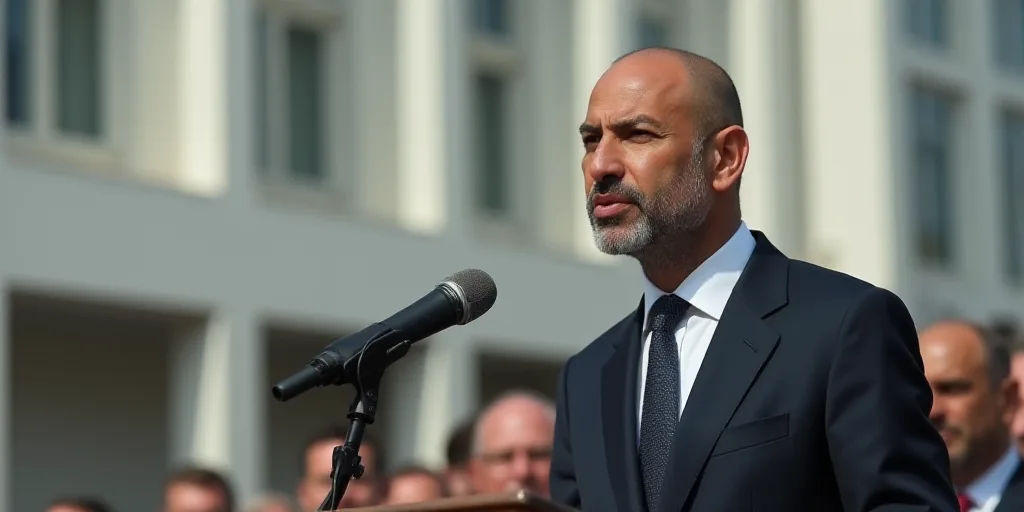 a man in a suit and tie standing at a podium with a microphone in front of him and a building in the