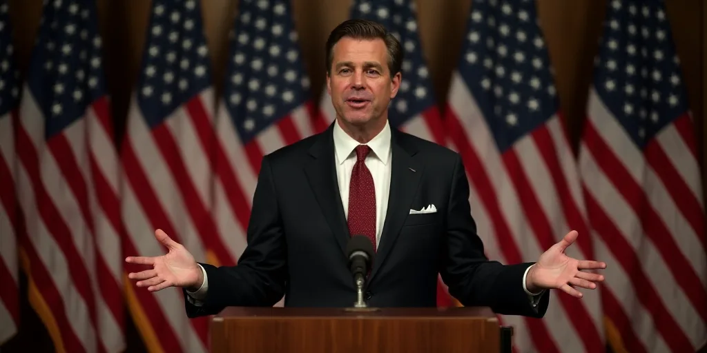 a man in a suit and tie standing at a podium with his hands out in front of him and american flags b