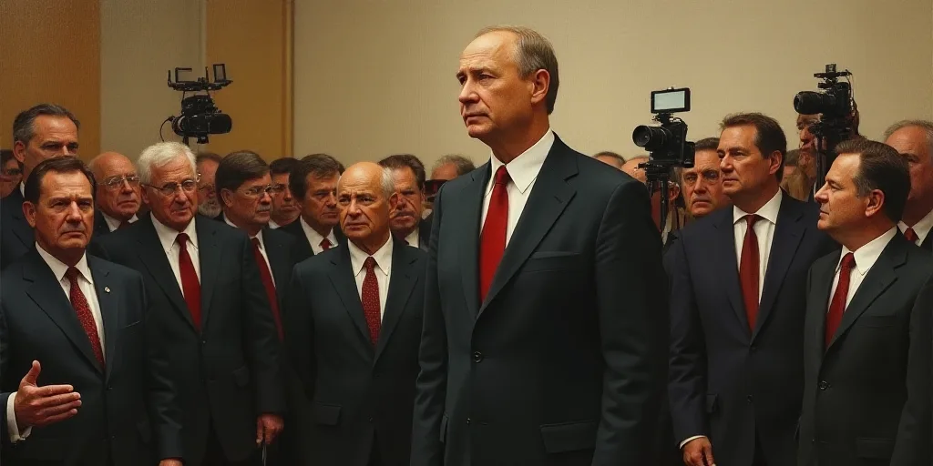 a man in a suit and tie standing in front of a group of people with cameras on the side of him, Bori