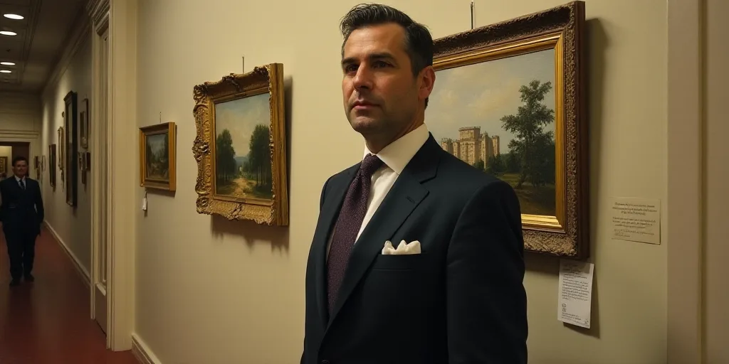 a man in a suit and tie standing in front of a wall with paintings on it and a hallway, David G. Sor