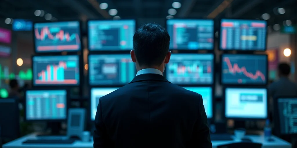 a man in a suit and tie standing in front of a bunch of computer screens with numbers on them, Andri