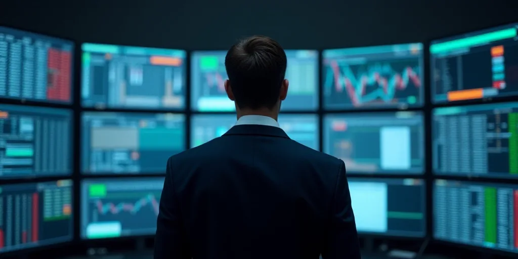 a man in a suit and tie standing in front of a bunch of computer screens with numbers on them, Andri