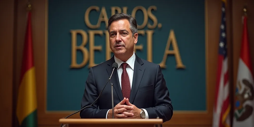 a man in a suit and tie standing at a podium with a microphone in front of him and a sign behind him