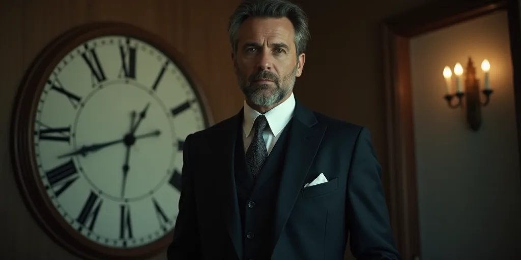 a man in a suit and tie standing in front of a clock in a room with a doorway and a doorway, André