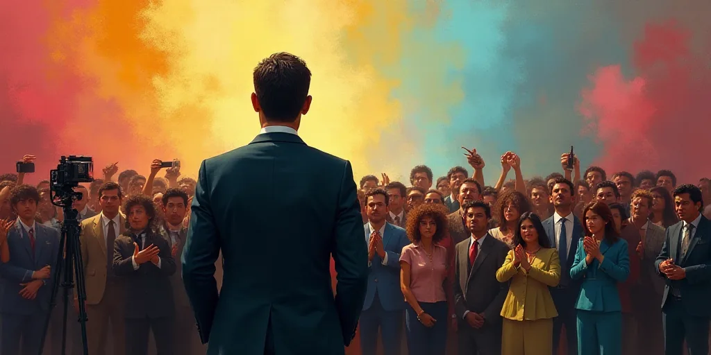 a man in a suit and tie standing in front of a crowd of people with cameras around him and a microph