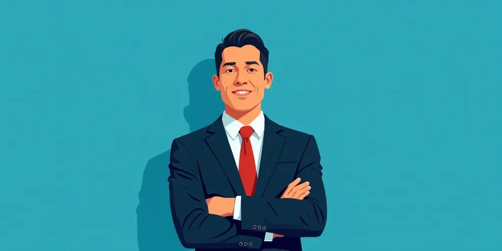 a man in a suit and tie standing with his arms crossed in front of him, with a blue background, Carl