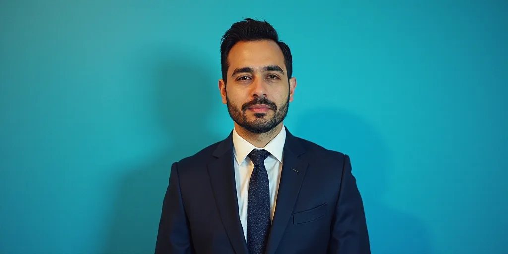 a man in a suit and tie standing in front of a blue background with a black and white photo, Alejand